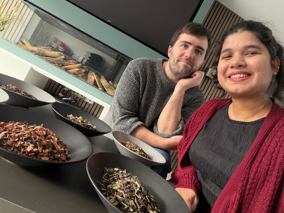 Co-founders of Chai & Chunes, Ben and Srish, setting up tea blends for a photo shoot