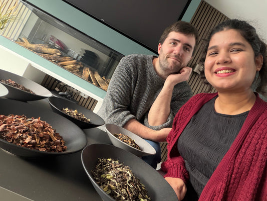 Co-founders of Chai & Chunes, Ben and Srish, setting up tea blends for a photo shoot