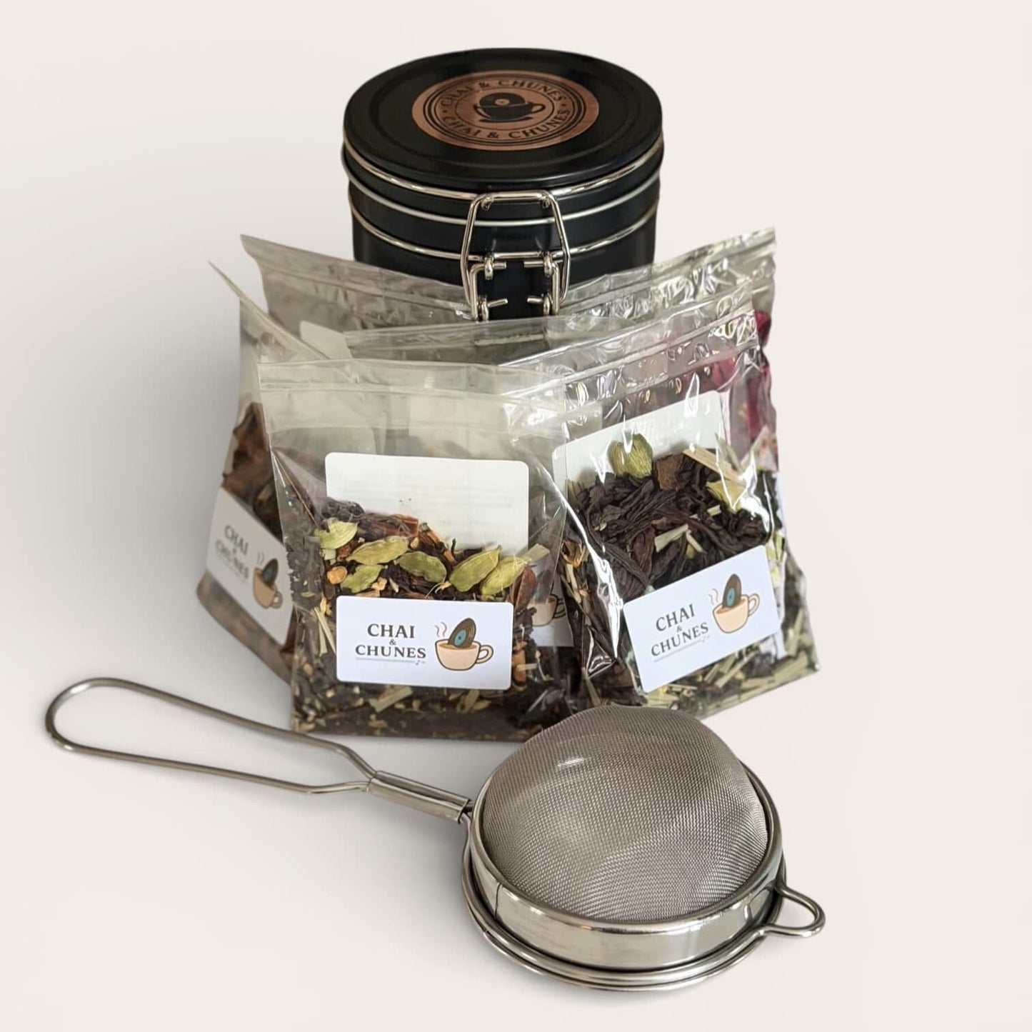 The Deluxe Edition Gift Box (100g Chai or The Mixtape Variety Pack + Tin + Strainer)