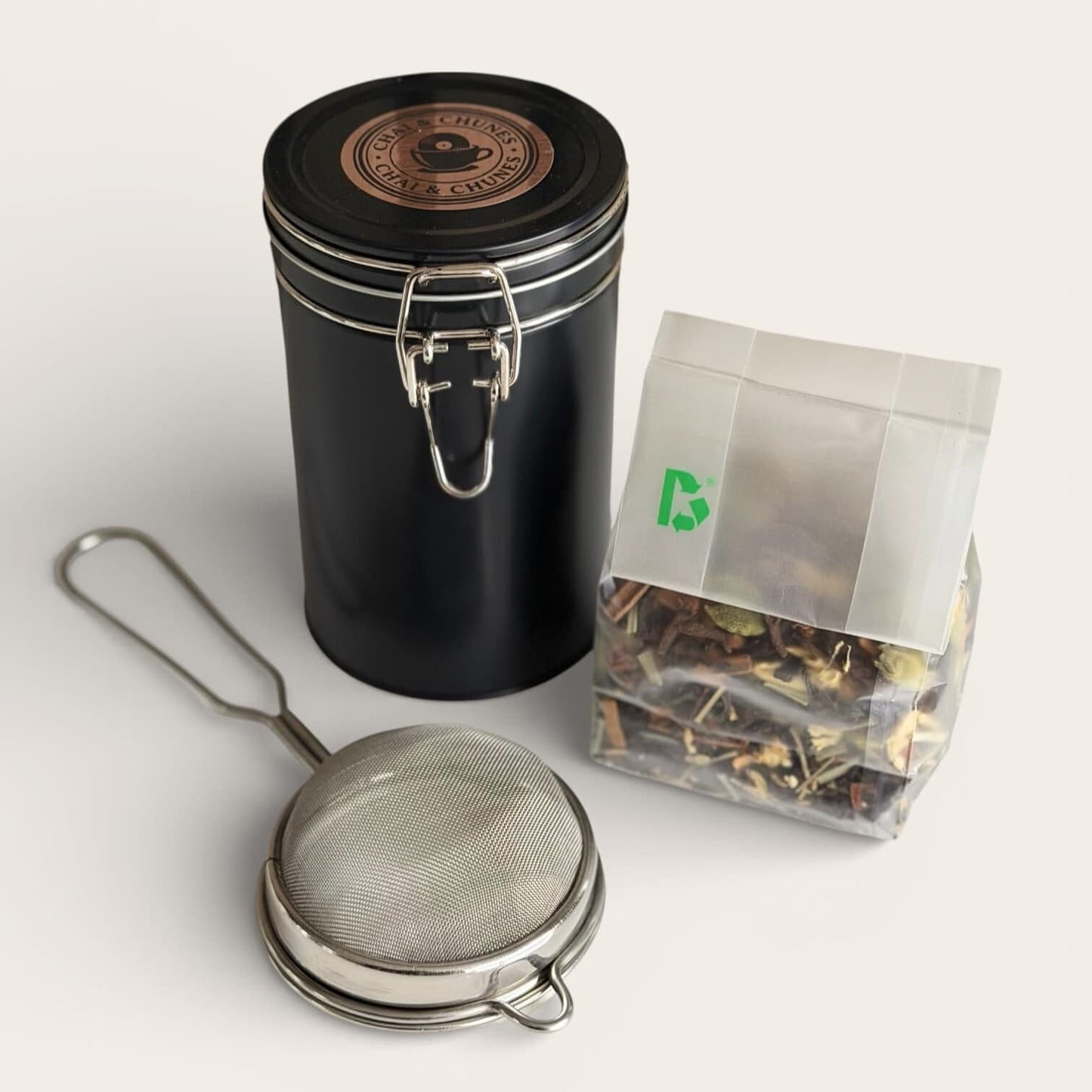 The Deluxe Edition Gift Box (100g Chai or The Mixtape Variety Pack + Tin + Strainer)